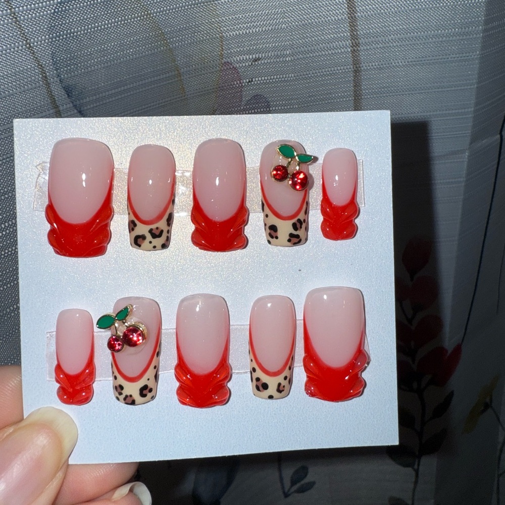 Red and Leopard Print Press-On Nails with Cherry Accents